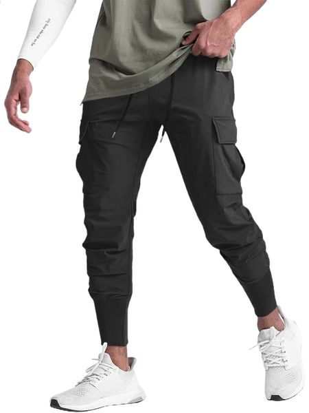 

men drawstring waist flap pocket cargo pants 23dj#, Black