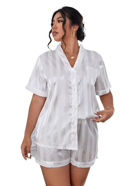 

plus vertical striped jacquard satin pj set l5zq#, Black;white