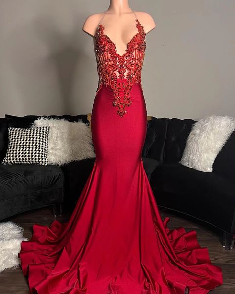 

red mermaid prom dress 2022 satin beading sequined sleeveless backless celebrity party formal gowns luxury evening dresses robe soirÃ©e femme, Black