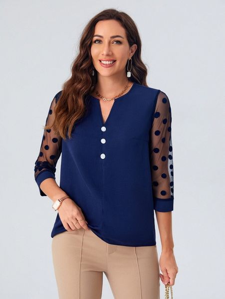 

emery rose polka dot mesh sleeve notch neck blouse 98rm#, White