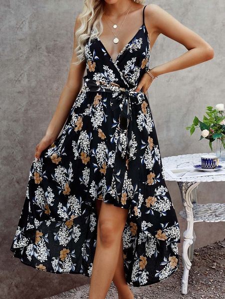 

floral print high low hem cami dress m5wl#, Black;gray