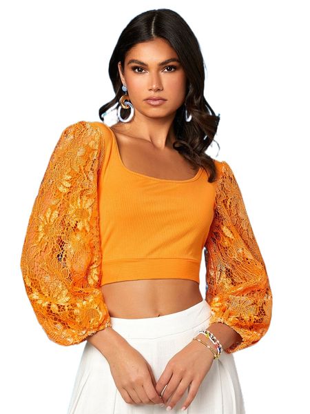 

contrast lace lantern sleeve tie backless crop s7y8#, White