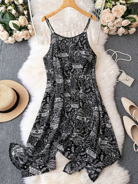 

plus paisley print asymmetrical hem cami dress z8y3#, Black