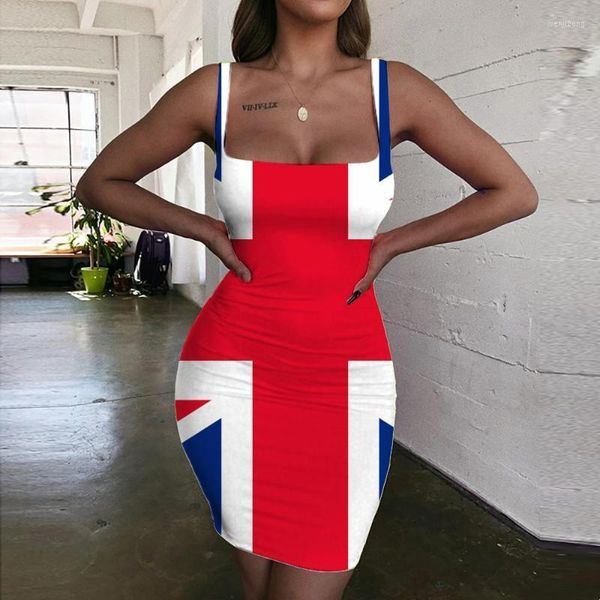 Lässige Kleider Marke Britische Flagge Damen Vereinigtes Königreich Figurbetontes Kleid Geometrisches Neckholder-Sleeveless Graffiti-Sommerkleid Bunter 3D-Druck