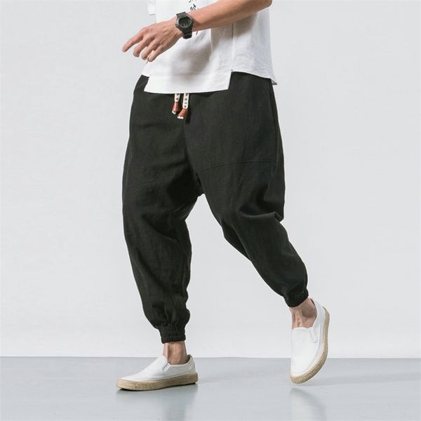 

mens jogging pants streetwear loose casual cotton linen trouser man harem harajuku oversized men sweatpants 5xl 220704, Black
