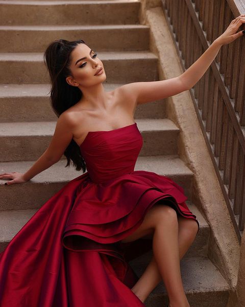 

burgundy strapless evening dresses high low tiered prom 2022 satin evening party gowns, Black;red