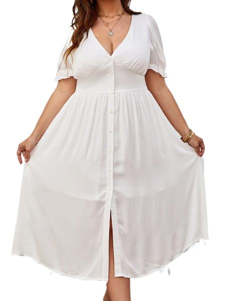

plus puff sleeve button front dress o7p9#, Black