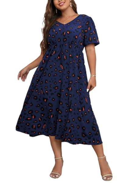 

plus allover print tie back puff sleeve a-line dress s9up#, Black