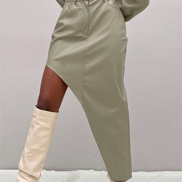 

clacive fashion pu leather women's skirt casual irregular high-waisted ladies vintage slim pocket long s 220324, Black