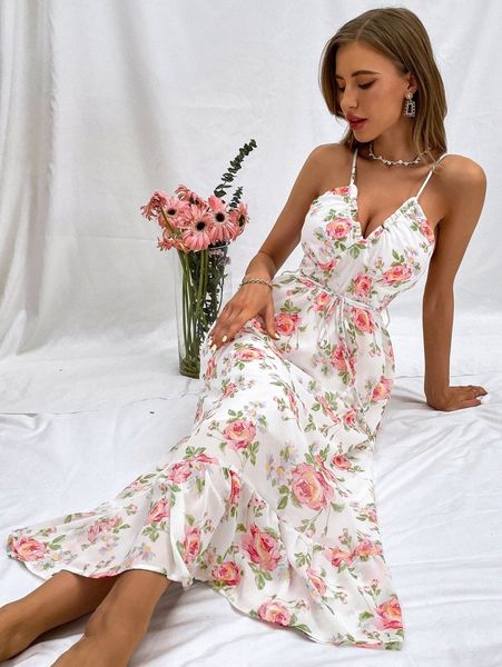 

random allover floral print ruffle hem belted cami dress h9yt#, Black;gray