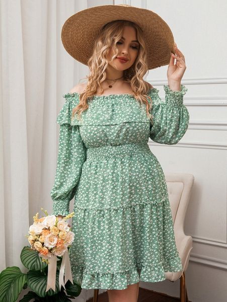 

plus ditsy floral off shoulder shirred bishop sleeve ruffle hem dress 14oo#, Black