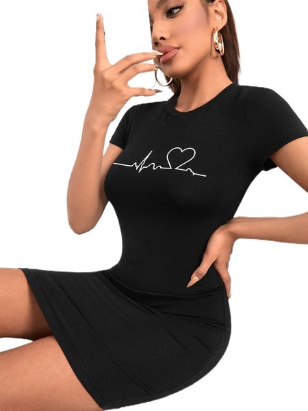 

petite heart print bodycon dress p910#, Black;gray