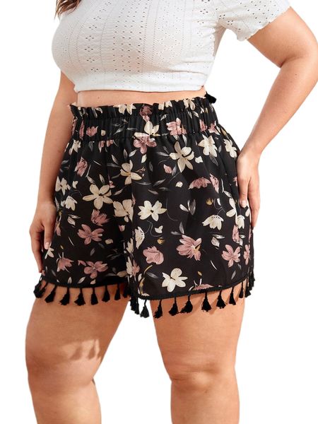 

plus floral paper bag waist fringe hem shorts c4v2#, Black