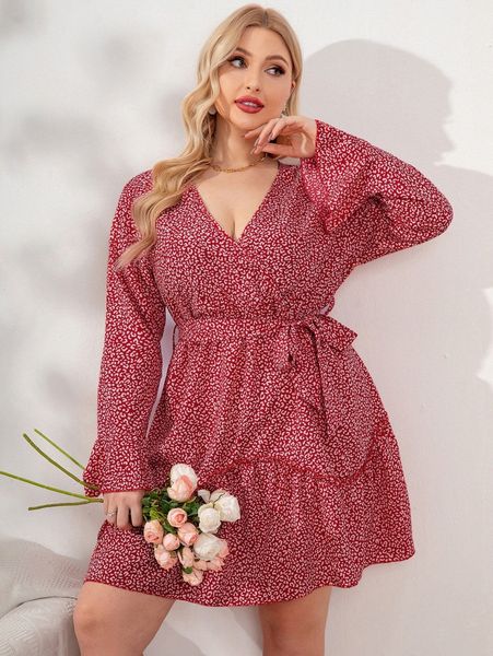 

plus allover print flounce sleeve belted dress 23pw#, Black