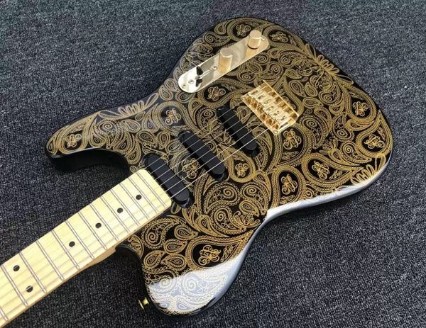 

black tele electric guitar body basswood gold flower 3 pickups glossy finish