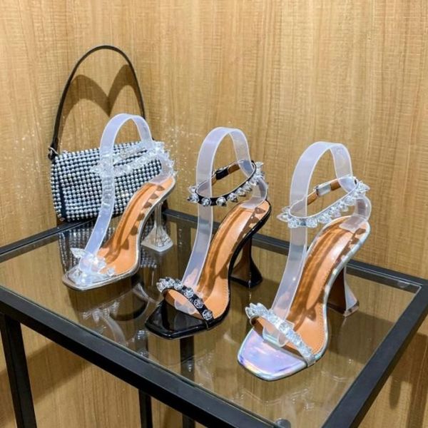 

luxury designer amina muaddi x awge sandals new clear begum glass pvc crystal transparent slingback sandal heel pumps julia embellished whit, Black