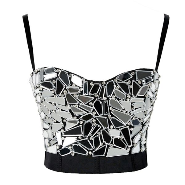 Mujeres verano sexy rave traje corsé con s plata lentejuelas brillo crop top strass goth festival ropa gota 220318