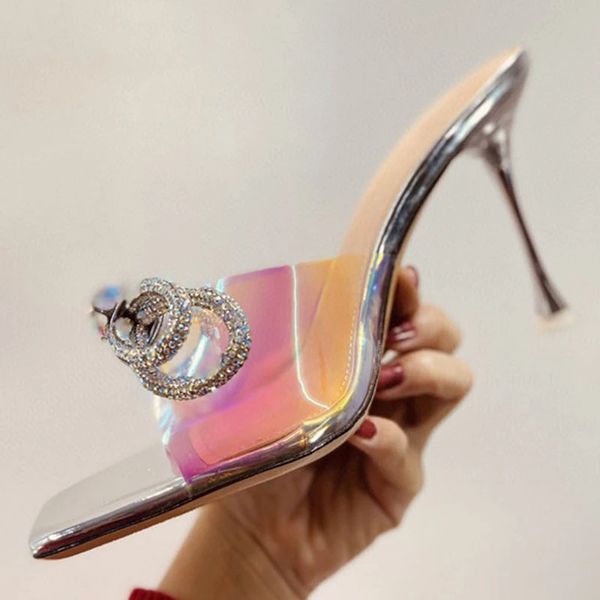 

formal ladies summer slides crystal bowtie decor open toe pvc slippers party wedding high heel mules brand shoes women, Black