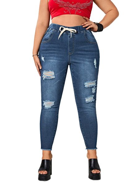 

plus drawstring waist ripped raw hem skinny jeans n2yj#, Blue