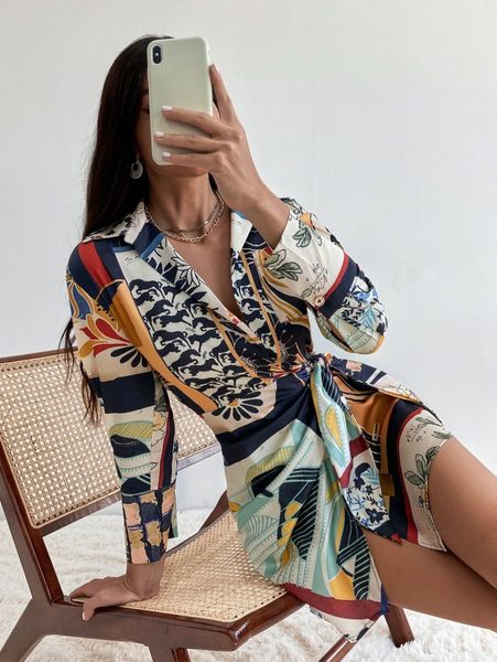 

floral print patchwork pocket front knot side wrap dress j10o#, Black;gray