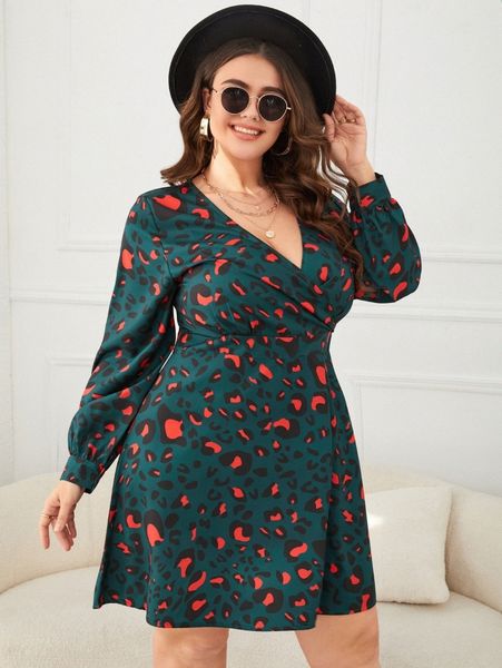 

plus leopard print lantern sleeve overlap collar dress s4ij#, Black