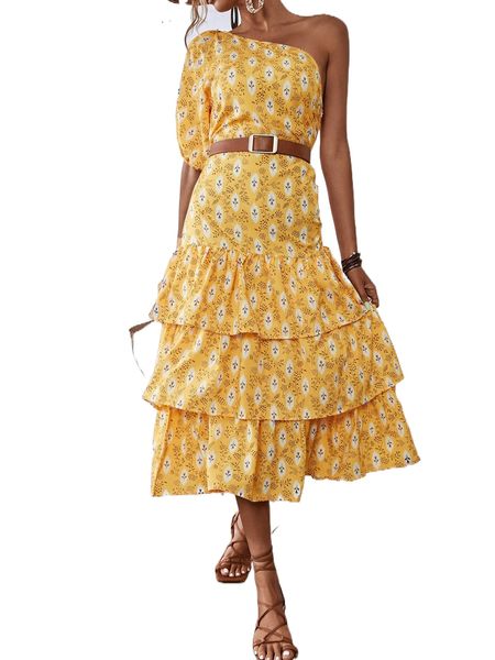 

random plants print one shoulder layered hem dress without belt e05z#, Black;gray