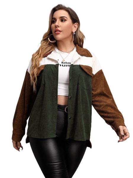 

plus colorblock drop shoulder corduroy jacket c3y7#, Black