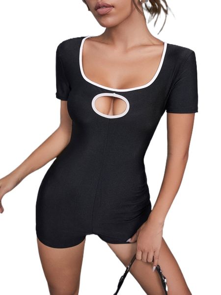 

cut out contrast binding unitard romper 29ds#, Black;white
