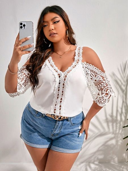 

plus contrast guipure lace cold shoulder blouse v6gy#, Black