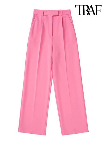 

traf women fashion side pockets front darts wide leg pants vintage high waist zipper fly female trousers mujer 220813, Black;white