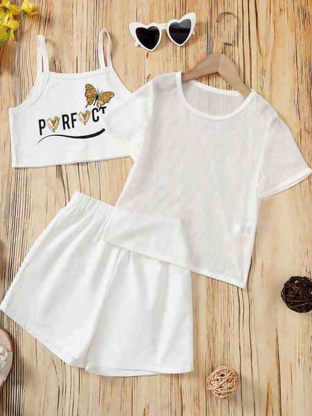 

girls letter & cami & tee & shorts she, White