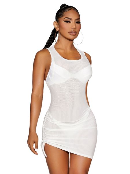 

drawstring side cover up dress without bikini set 62q3#, White;black