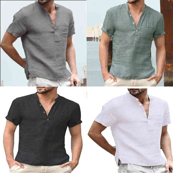 2022 T-shirt da uomo nuovi con scollo a V monopetto design da uomo maglietta moda casual in cotone e lino traspirante tinta unita camicia maschile Y220606
