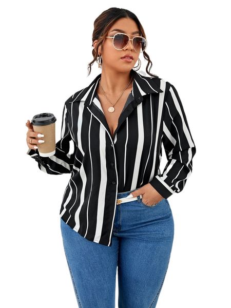 

plus striped button front shirt 31hz#, Black