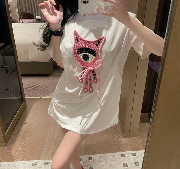 

women's t-shirt designer 22 spring and summer new niche design bigeye nail bead manual bow short sleeve t-shirt e5oo, White