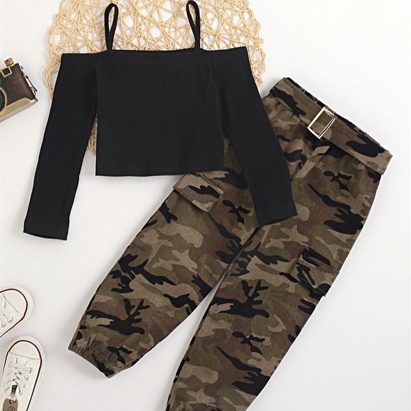 

toddler girls ribbed knit cold shoulder & camo print belted pants she07, White