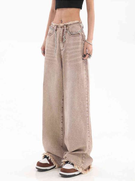 

retro washing tassel decoration jean pants women y2k high waist wide pipes loose straight pants 2022 fashion vintage casual jeans l220726, Blue