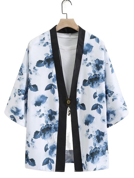 

romwe guys floral print contrast binding kimono without tee e9su#, White;black