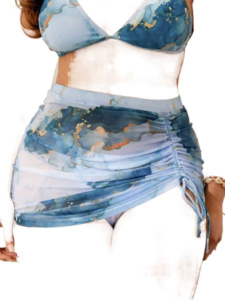 

2pack plus marble print tie side bikini panty & beach skirt 00cz#, Black