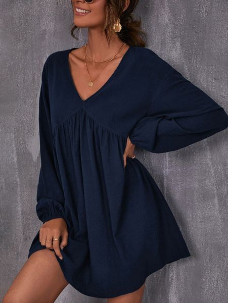 

v neck lantern sleeve smock dress h4qj#, Black;gray