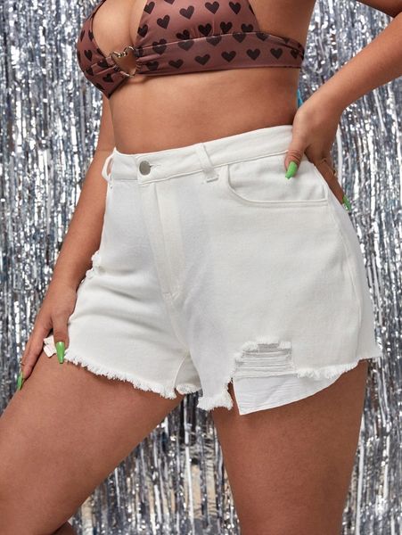 

plus ripped raw hem denim shorts p36a#, White;black