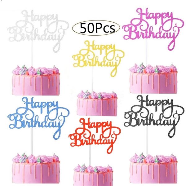 50Pcs Happy Birthday Cake Toppers Glitter Cartoncino Baby Shower Bambini Bomboniere Decorazioni Forniture per decorazioni per torte 220527