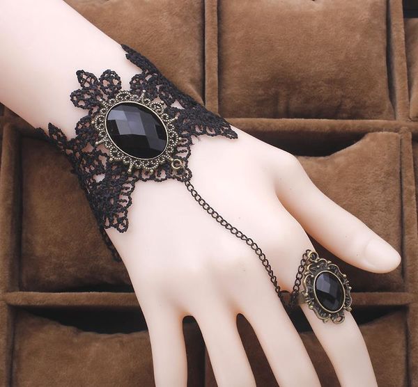 

black lace strand bracelet finger hand chain harness women metal crystal charm steampunk lady vintage jewelry