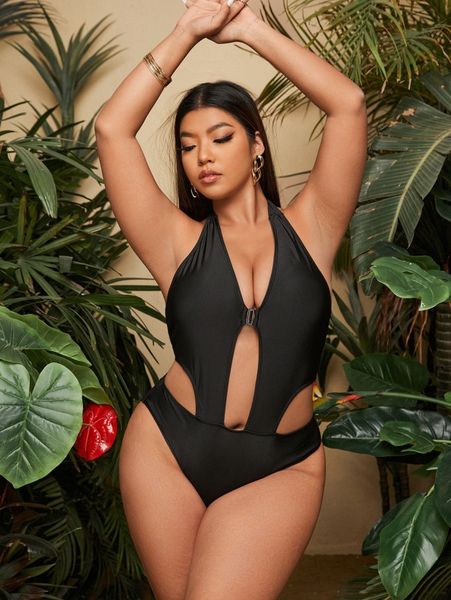 

plus cut-out one piece swimsuit j0s3#, White;black