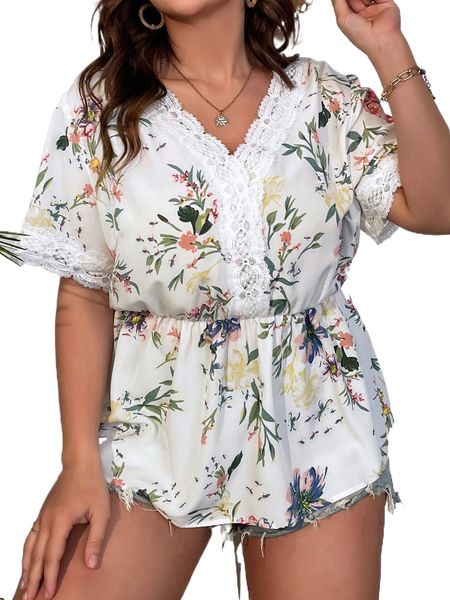

plus floral print lace trim peplum blouse b5ua#, Black