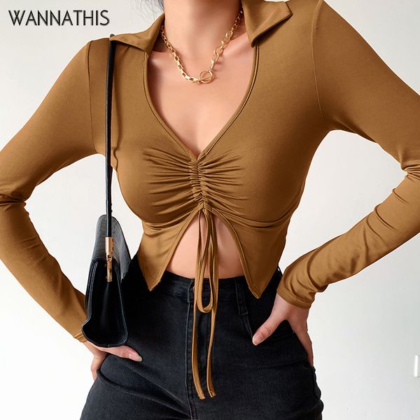 

women turn down collar drawstring crop brown autumn casual ruched fashion vintage female skinny t-shirt 2022, White