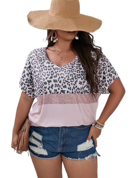 

plus leopard print colorblock dolman sleeve tee z3f7#, Black