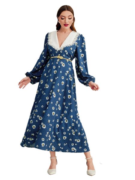 

contrast collar lantern sleeve floral & polka dot dress t1t9#, Black;gray