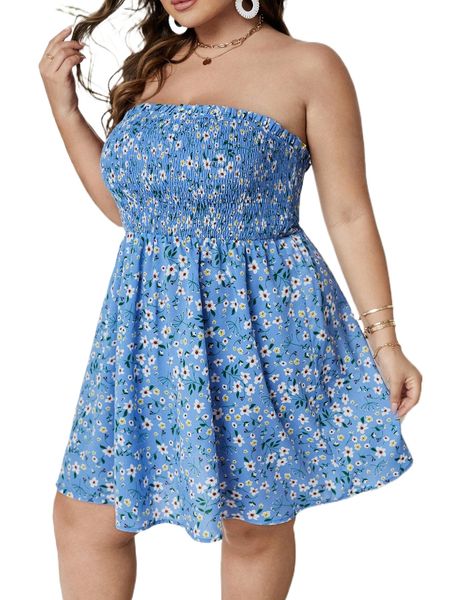 

plus ditsy floral shirred frilled tube dress h0nj#, Black