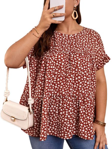 

plus ditsy floral print flounce sleeve peplum blouse g8o6#, Black